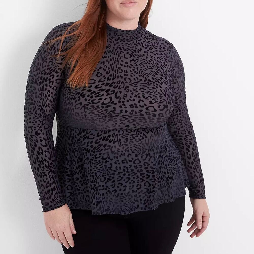 Lane Bryant Long-Sleeve Mock-Neck Sheer Mesh Skater Top Leopard Women Size 14/16